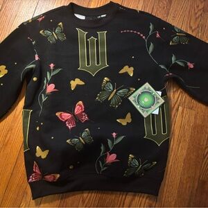 WICKED Black Floral & Butterfly Print Crewneck Fleece Sweatshirt L/S. Sz XS. NWT